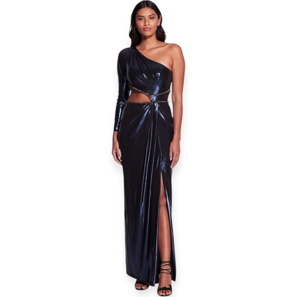 Marchesa Notte One Shoulder Maxi Dress Blue Metallic Gown Crystals Size 10 M NWT - Picture 1 of 8